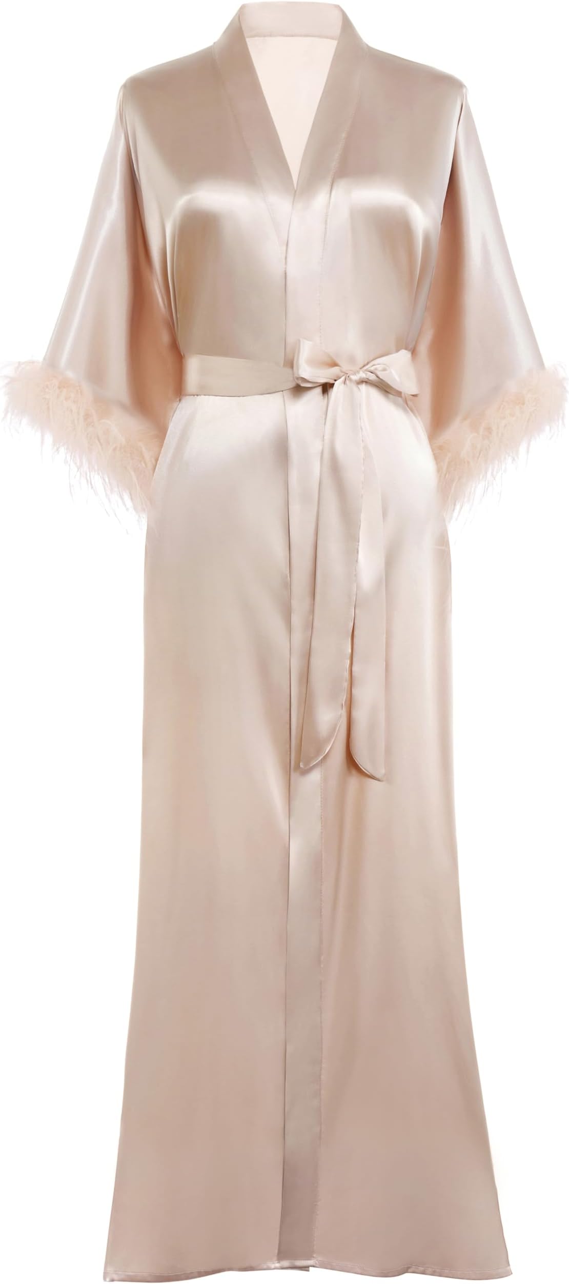 PRODESIGN Satin Kimono Robe Long Silky Bath Robe with Ostrich Feather Trim Sleepwear Wedding Bridesmaid Robe