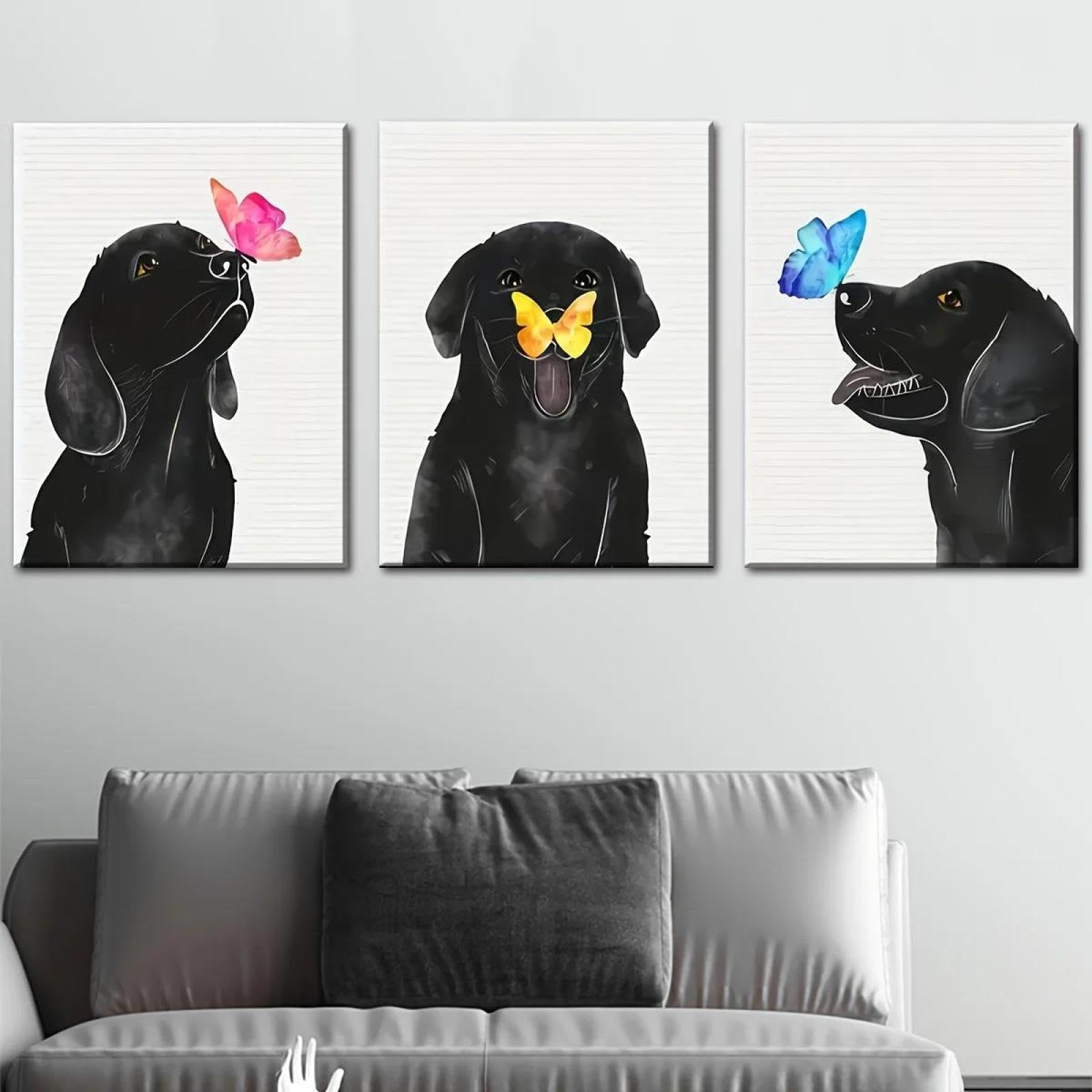 Yocheng 3pcs 2D Flat Small Black Dog And Butterfly Canvas Painting, Home Decor, Great For Home Office, Bathroom, Living Room 40x60cmx3 No Frame