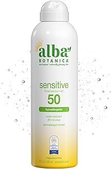 Alba Botanica Sensitive Sunscreen Spray for Face and Body, Fragrance-Free, Broad Spectrum SPF 50, Water Resistant, 5 fl. oz. Bottle