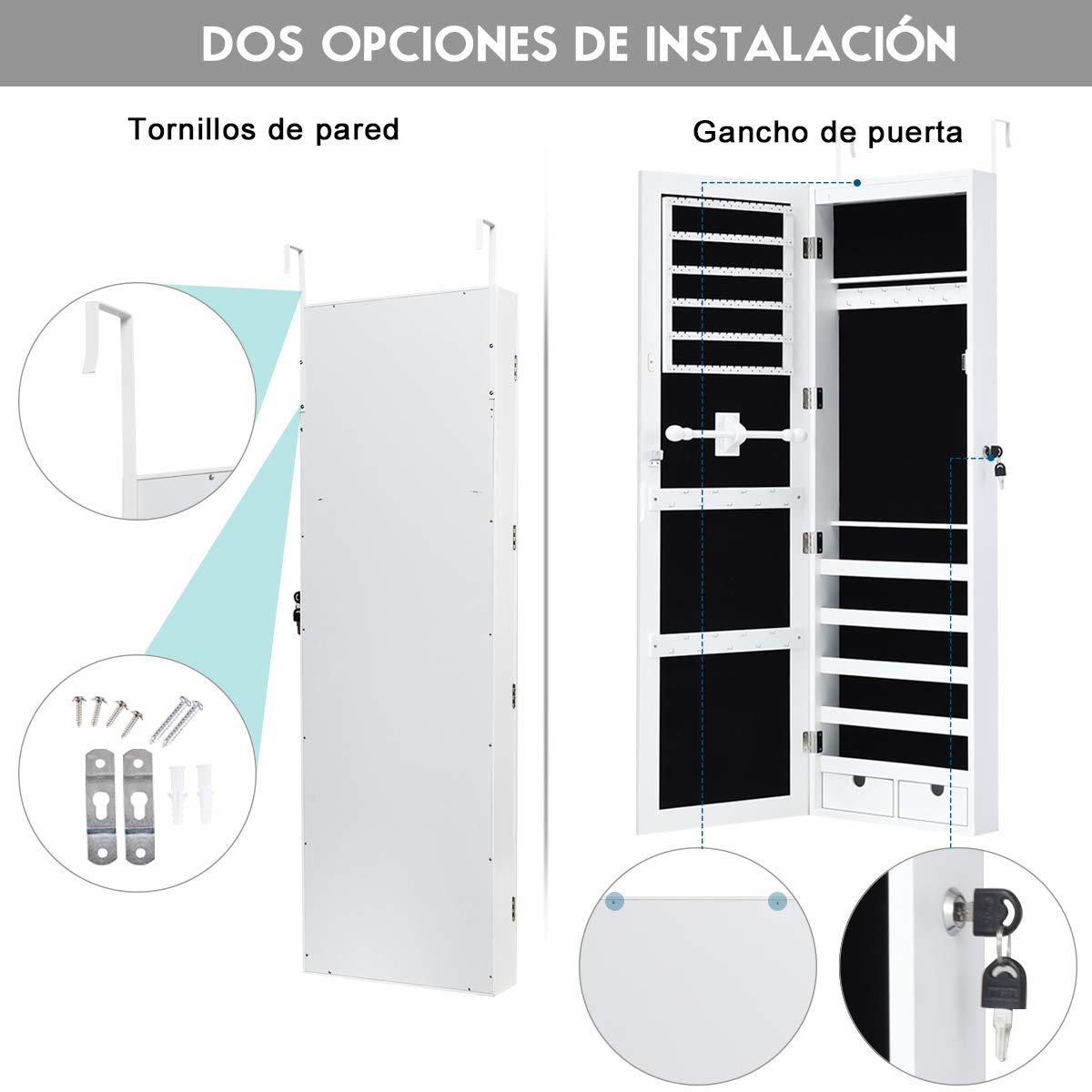 COSTWAY Armario para Joyas Espejo Joyero con 15 Luces LED Espejo de Joyería de Puerta y Pared Organizador para Anillos Cadena y Pendientes