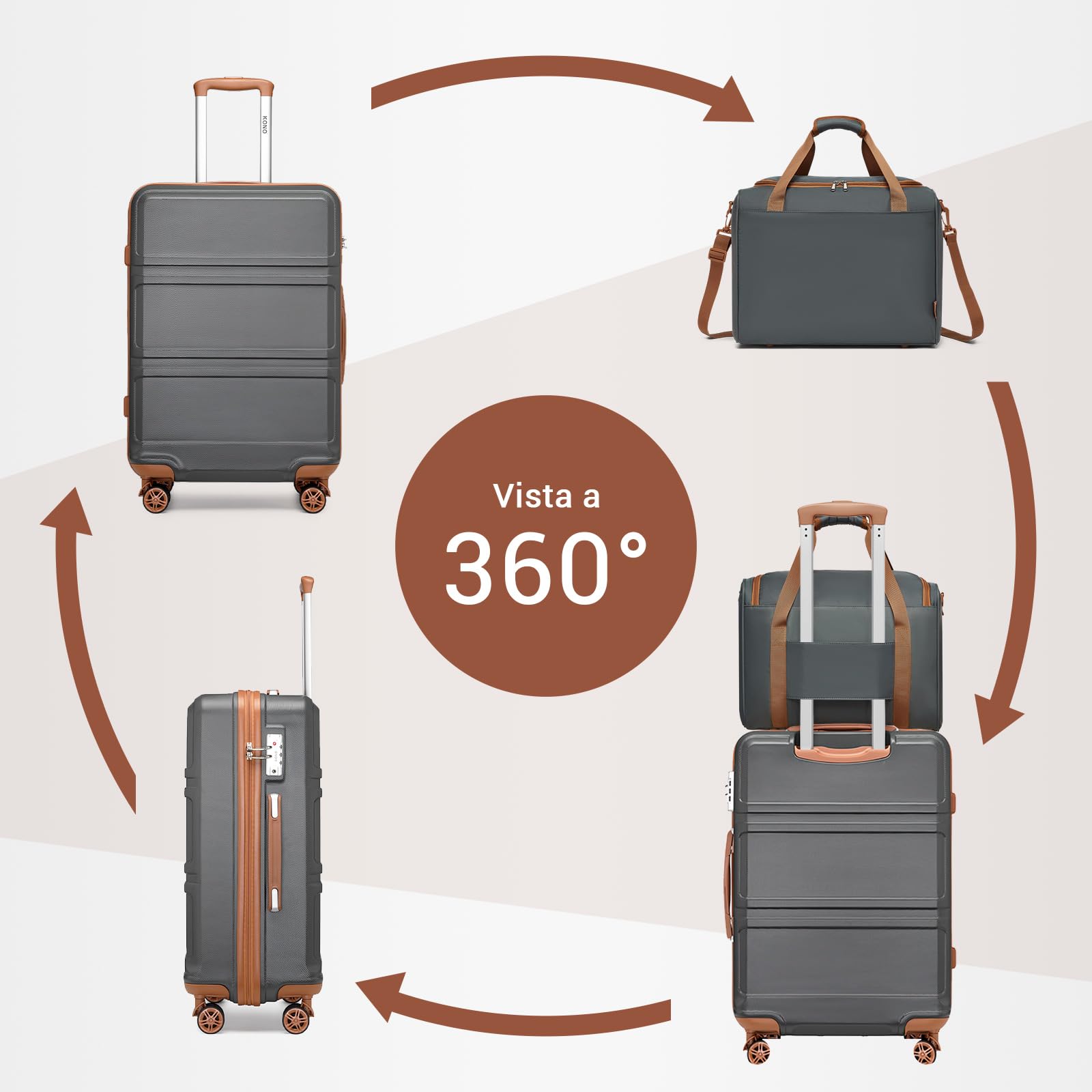 KONO Set di 2 Valigia Bagaglio a Mano Rigida e Leggera ABS+PC Trolley 55cm con 4 Ruote Rotanti e Lucchetto TSA & Borsa da Viaggio Ryanair 40x30x20, Grigio/Marrone