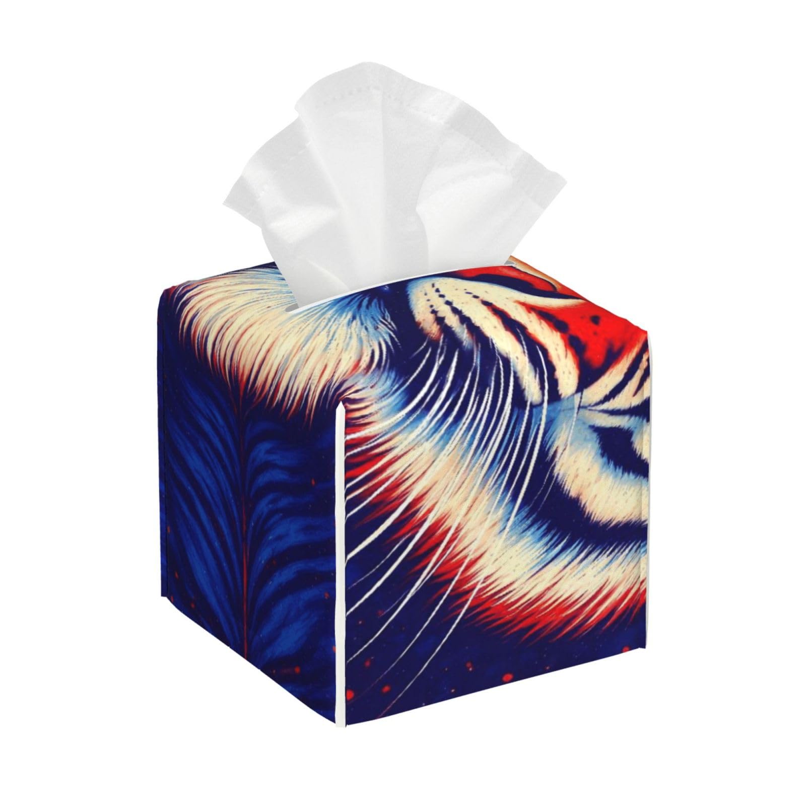 Trippy Red Tiger Animal Art Leather Tissue Box Cover Holder Square Facial Paper Organizer 5.2" X 5.2" X 5.2"
