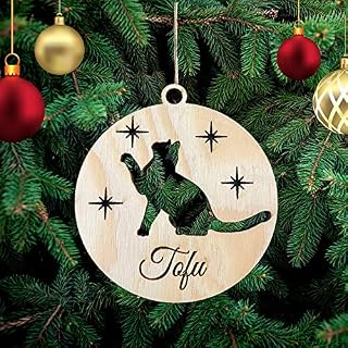 Pet-Jos Personalised Cat Christmas Decoration Custom Cat's Name, Wooden Christmas Tree Ornament, Engraved Pet Name Christmas Bauble Gift Card Insert for Family and Friends