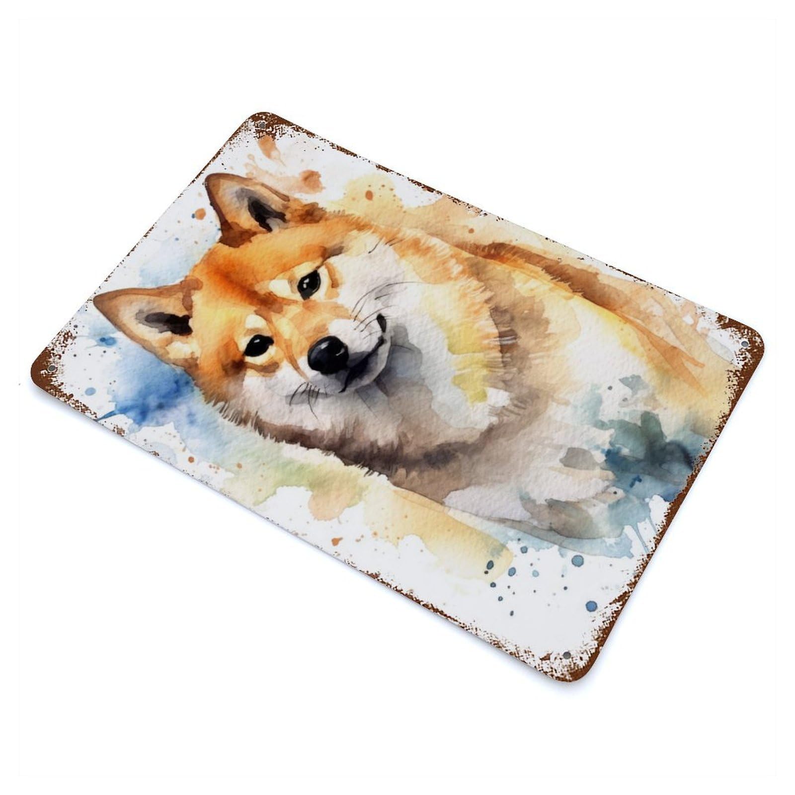 Garage Style Shiba Inu Watercolor Rustic Tin Plaque 11.8"x7.9", Classic Wall Plaque for Bar And Workshop