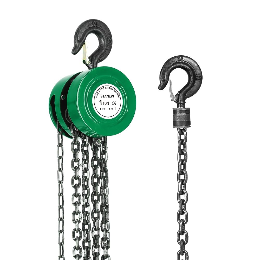 Polipasto de Cadena Manual con Gancho Resistente STANEW, Altura de Elevación 6,0 m, Verde,Doble Cadena de Carga,G80,Gancho de Elevación con Seguridad (1 tonelada 6,0 m)