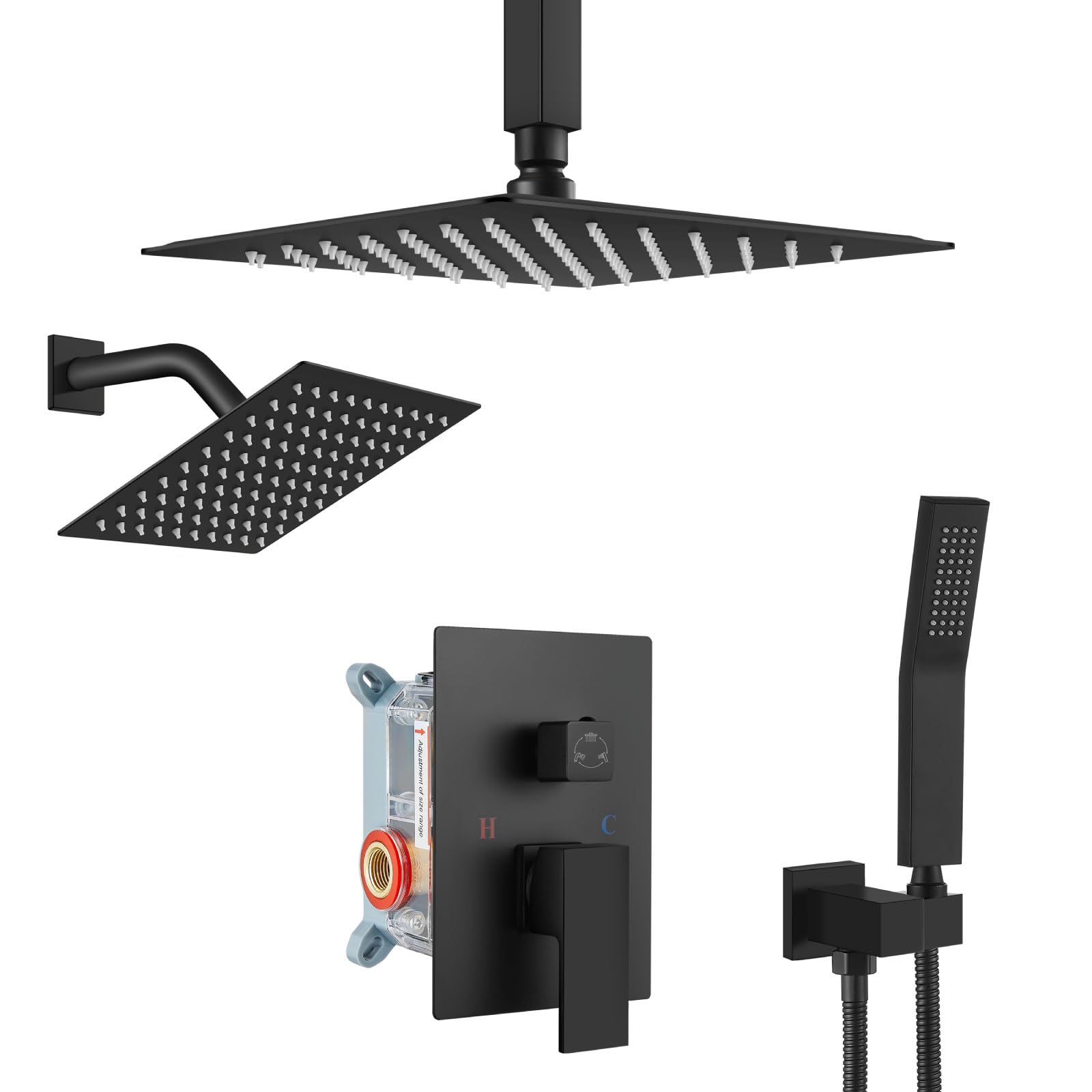 Système de douche encastré au plafond luxueux avec double pommeau noir mat architectural