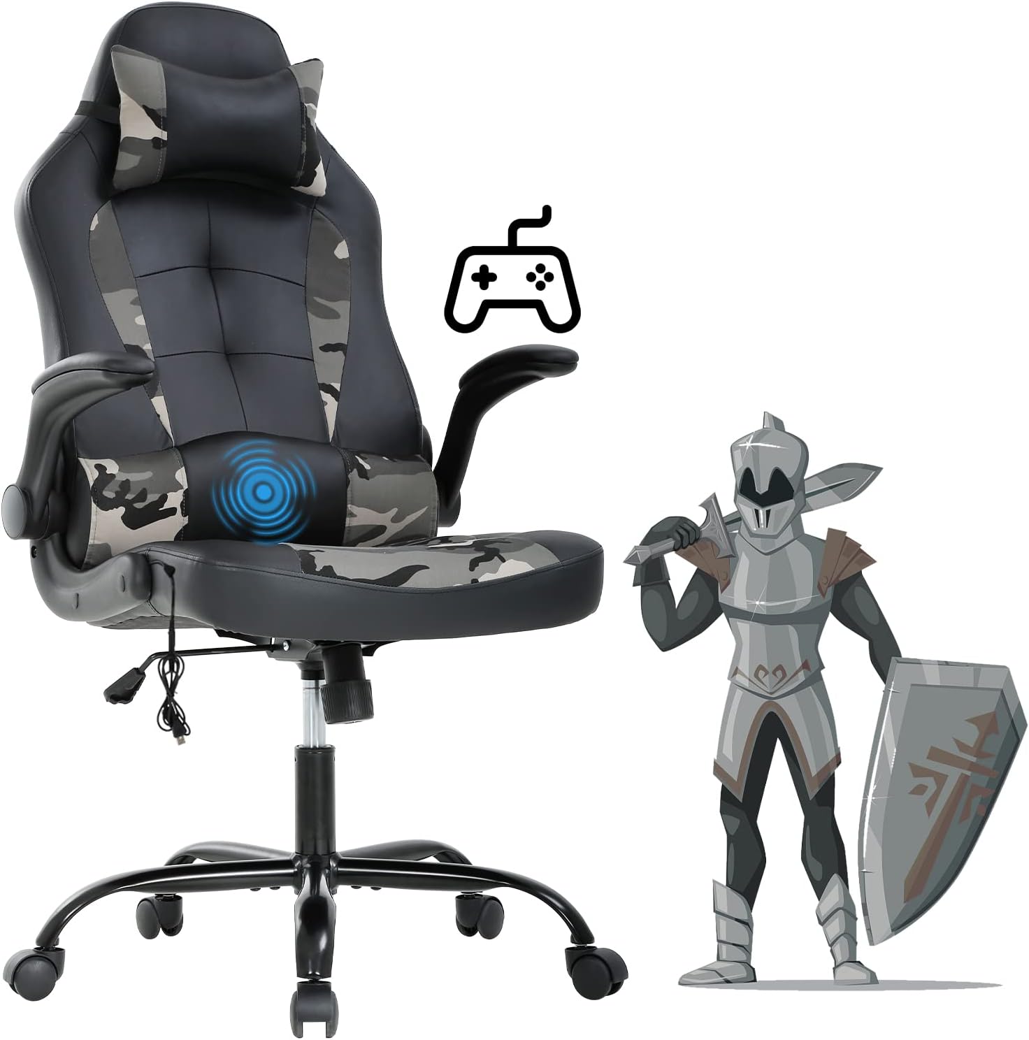 Ergonomic Gaming Office Chair - High Back Executive Computer Chair with Lumbar Support & Flip-Up Arms, PU Leather Adjustable Swivel Chair for Women/Men, Height Adjustable Massage Desk Chair (Camo)