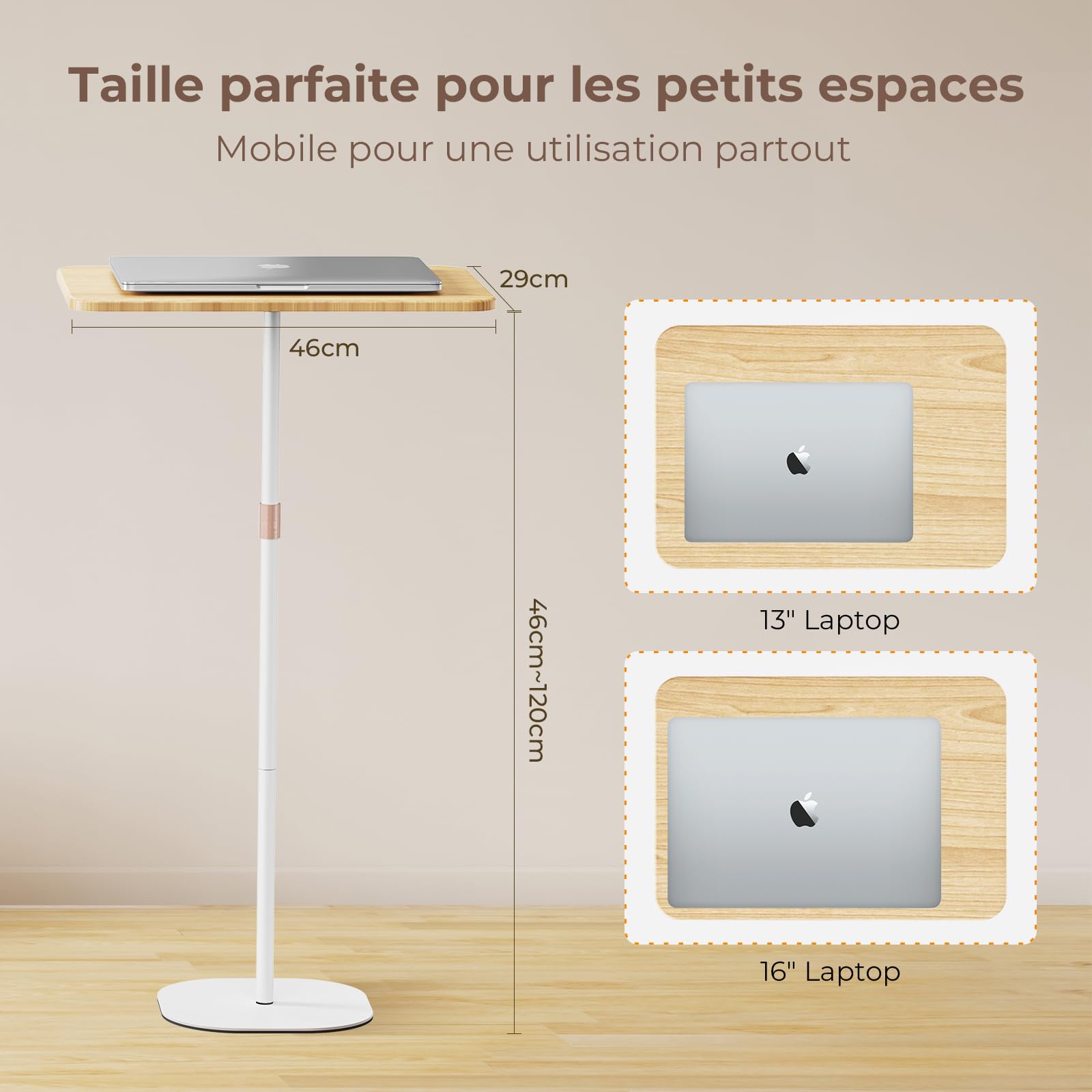Bureau Debout pour Ordinateur Portable avec Hauteur Réglable 46-120cm, Table d'appoint pour Le Travail d'étude pour Bureau/Lit/Canapé, Blanc
