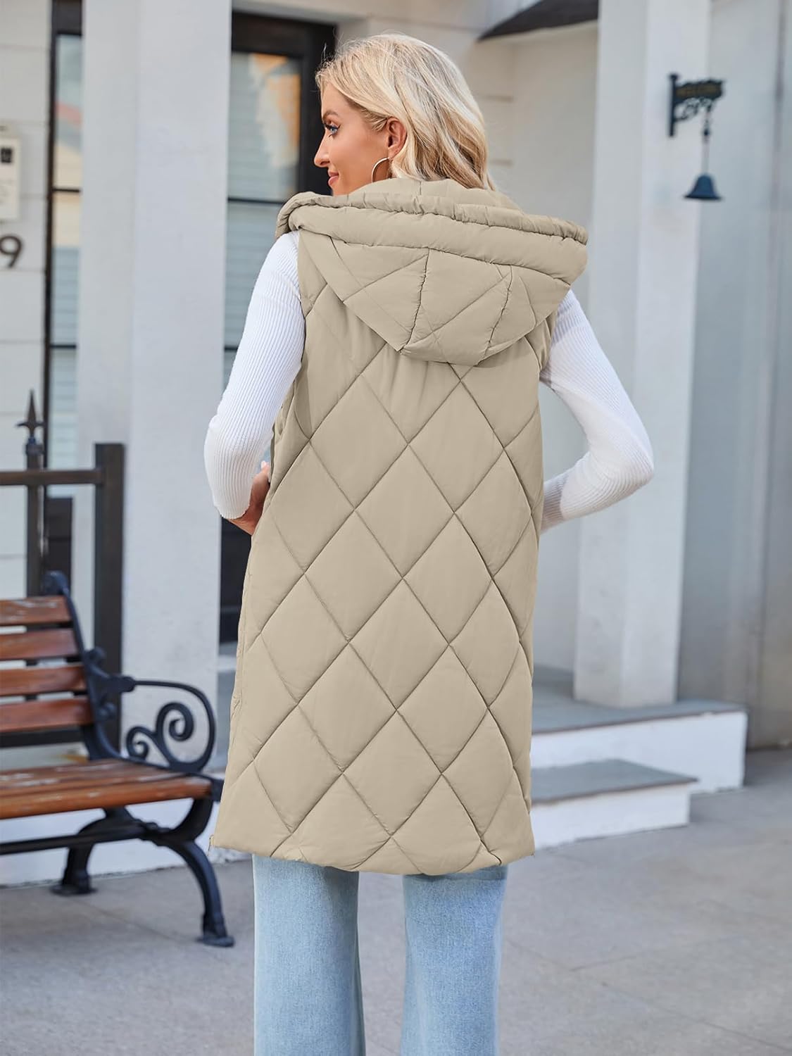 MEROKEETY Womens Sleeveless Quilted Long Puffer Vest Hooded Full Zip Jacket Coats with Pockets