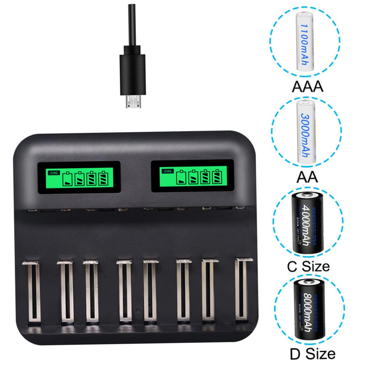 Cargador De Batería Inteligente USB De Ranuras para AA y AAA Pantalla Digital LCD Cargador De Batería AA y AAA para Uso Doméstico