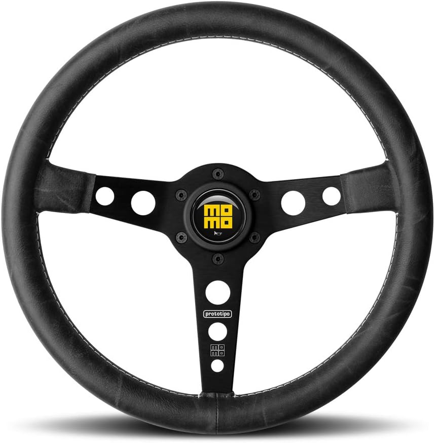 MOMO Motorsport Prototipo Steering Wheel Black Leather Grip Brushed Aluminum Spoke White Stitch 350mm