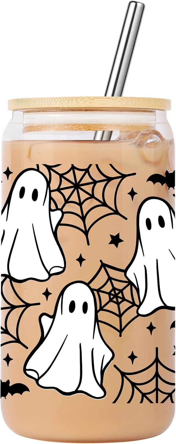 16oz Ghost Glass Tumbler, Spider Web & Bats Halloween Cup with Lid & Straw, Spooky Gifts for Halloween Lovers