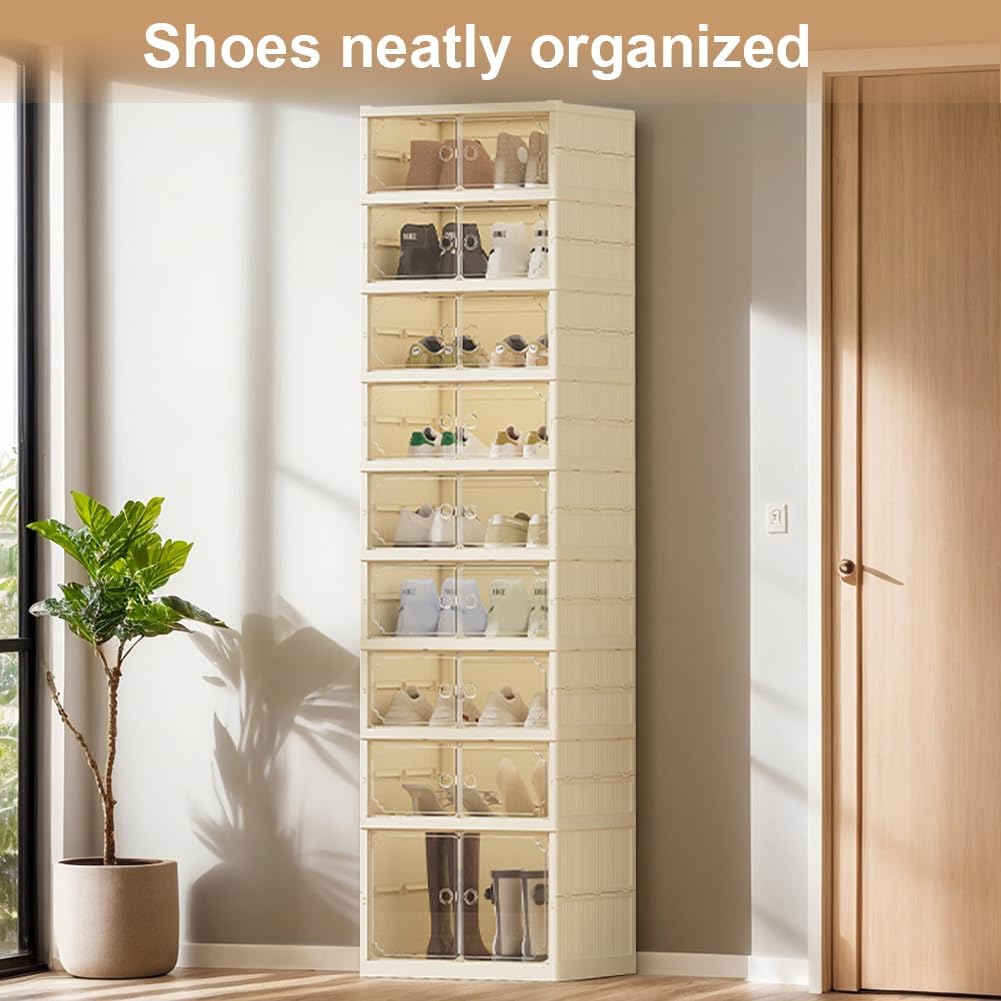 ETOYA 8 Tier Foldable Shoe Rack Organizer, Clear Plastic Stackable Shoe Storage Cabinet with Lids, Large Capacity Easy Assembly Shoes Storage Box for Sneakers, Closet, Living Room & Entryway