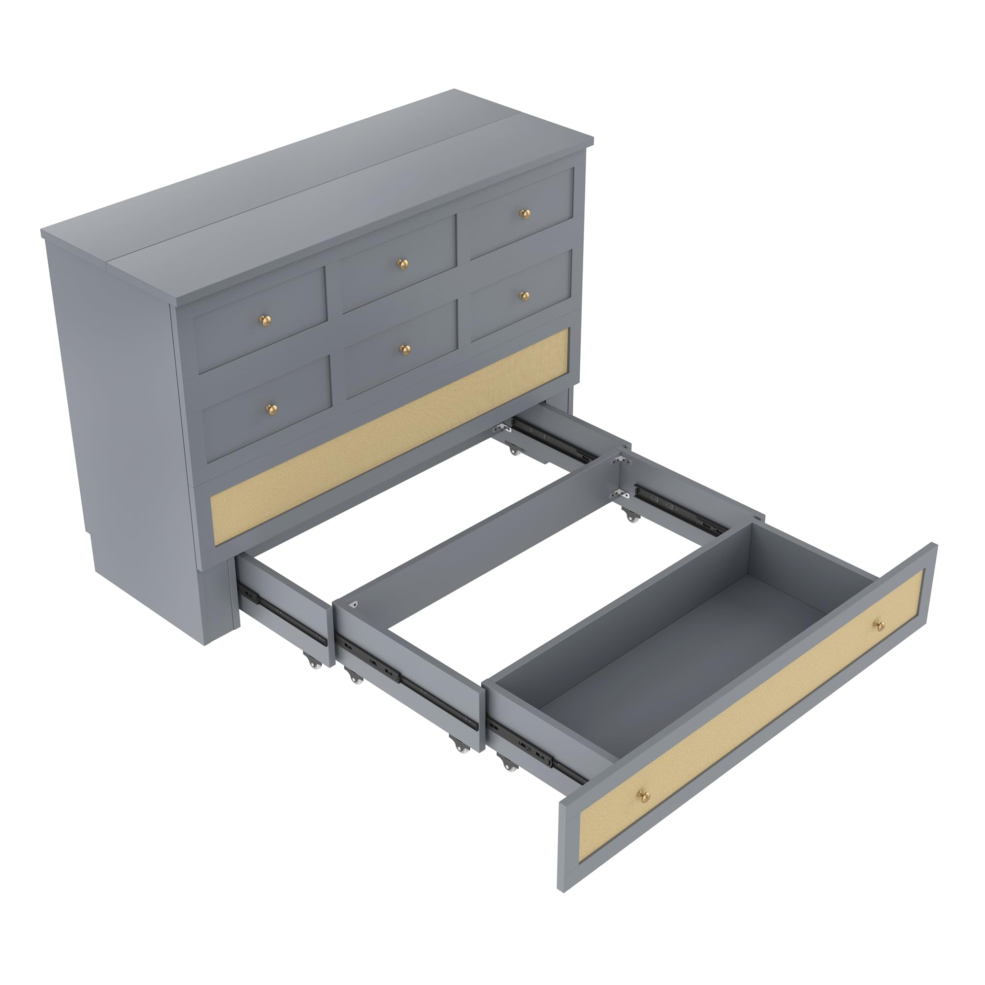 Cama Armario, 140 x 200, Móvil Armario Cama con Cajones en el Extremo de la Cama y Estante en la cabecera de la Cama con USB y Enchufe Cama con Plataforma Convertible, Sin Colchón (Gris)