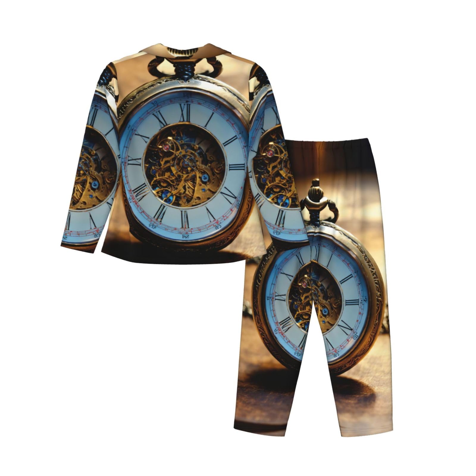 Gears Clock Bronze Century Pigiama Set Donna Morbido Due Pezzi Pj'S Set Top Manica Lunga Pantaloni Plaid Pantaloni Sleepwear Tasche