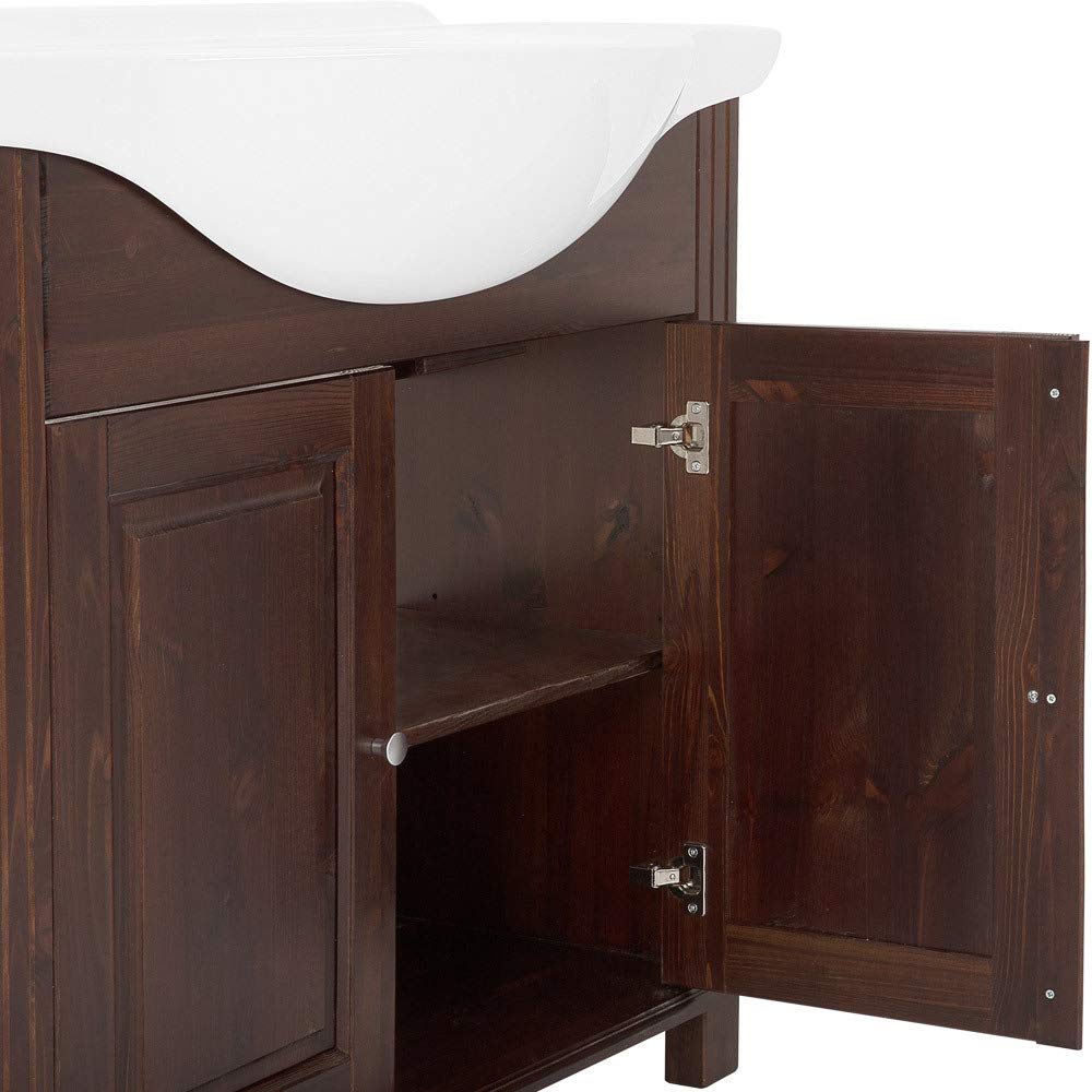 Lomadox Waschtischunterschrank 85 cm Keramik-Waschbecken Im Landhausstil, Pinie Massivholz braun, B/H/T ca. 85/83/49 cm