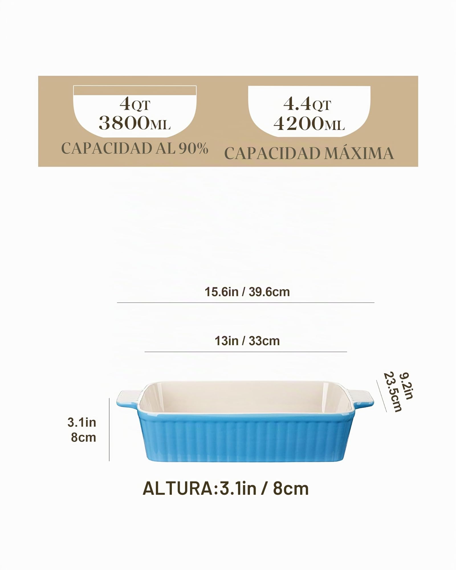 MALACASA Serie BAKE, Fuente Rectangular de Porcelana para Horno de 4200 ml, Fuente Grande para Horno con Asas para Gratinados y Guisos, Apta para Lavavajillas, Color Azul