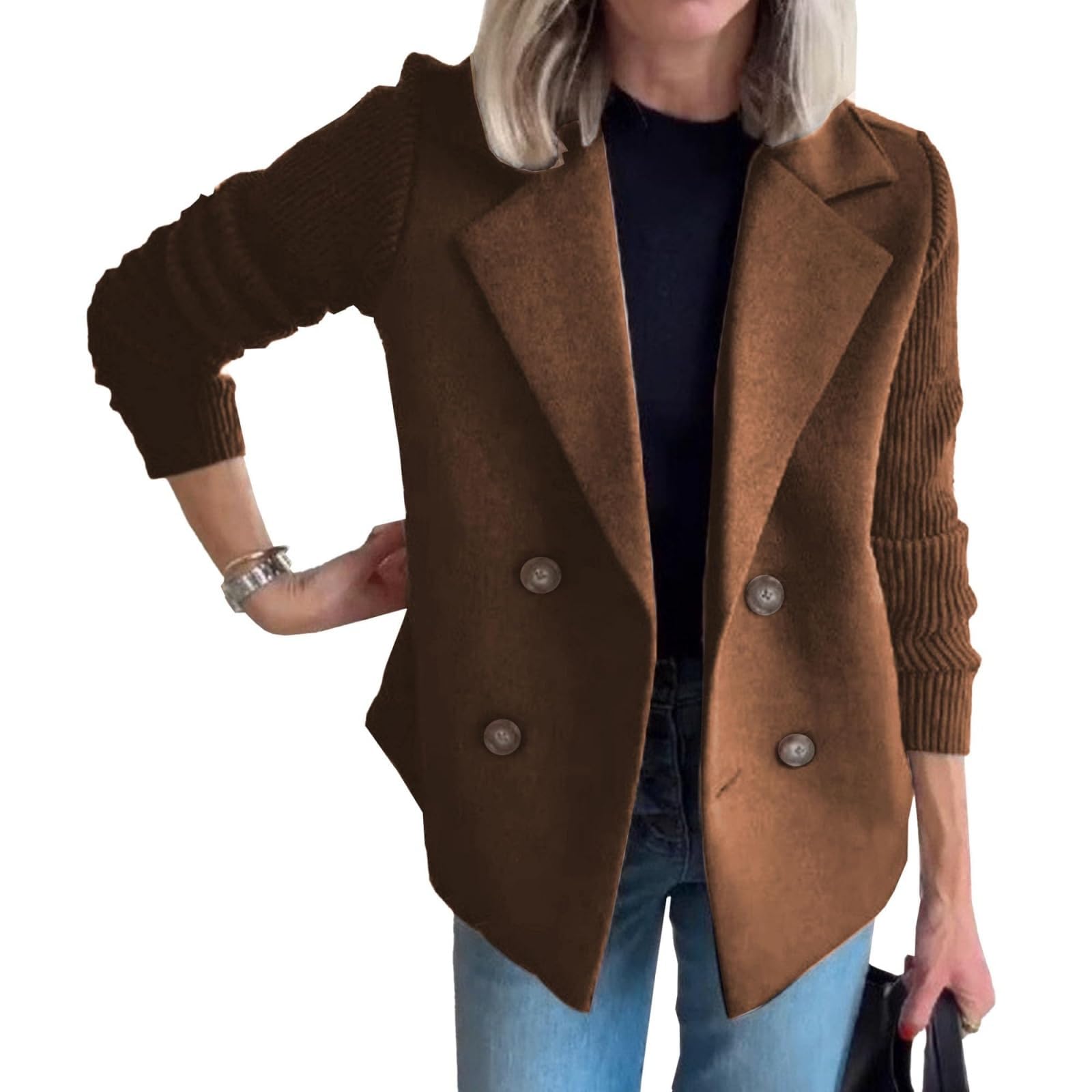 Womens Lapel Button Jackets Knitted Patchwork Sleeve Coat Cropped Sweater Blazer Double Breasted Coats Blazers