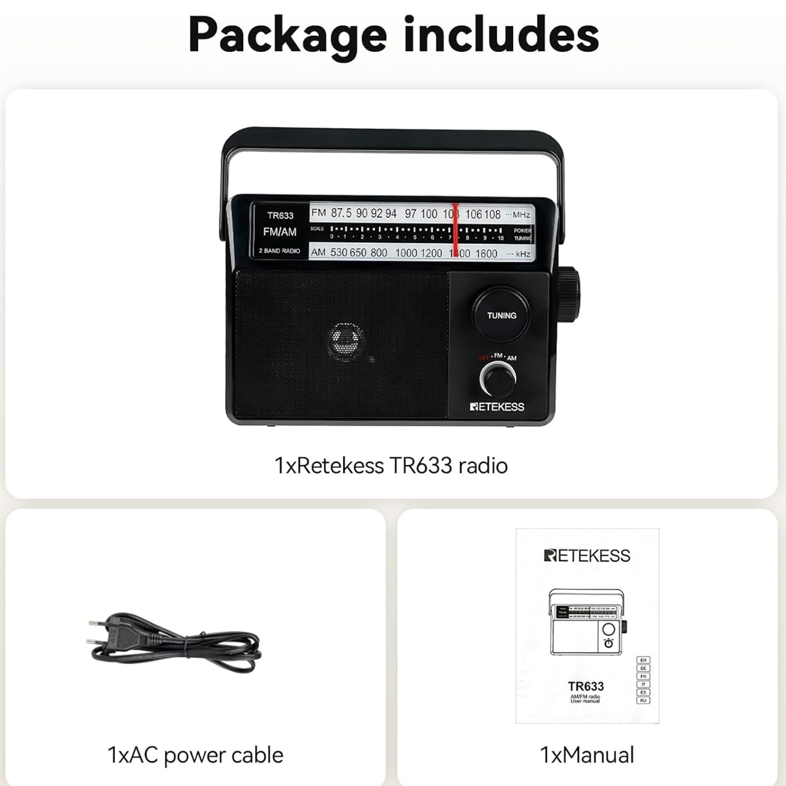 Retekess TR633 Radio Portable, Poste Radio, AM FM, Excellente Réception, Gros Boutons, Secteur ou Piles, Prise Casque 3,5 mm, Adapté aux Personnes âgées, Cuisine, Chambre