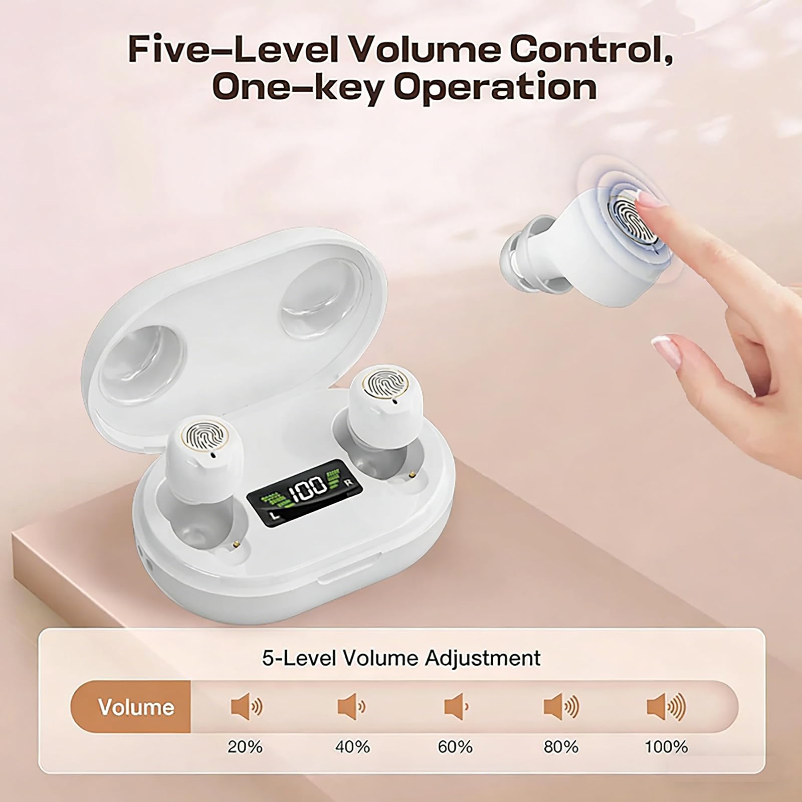Dispositivo audio ricaricabile per anziani e adulti, dispositivo audio digitale con auricolari in-ear leggeri da 3,2 g, accensione anti ululo, comandi touch e custodia di ricarica LED (bianco)