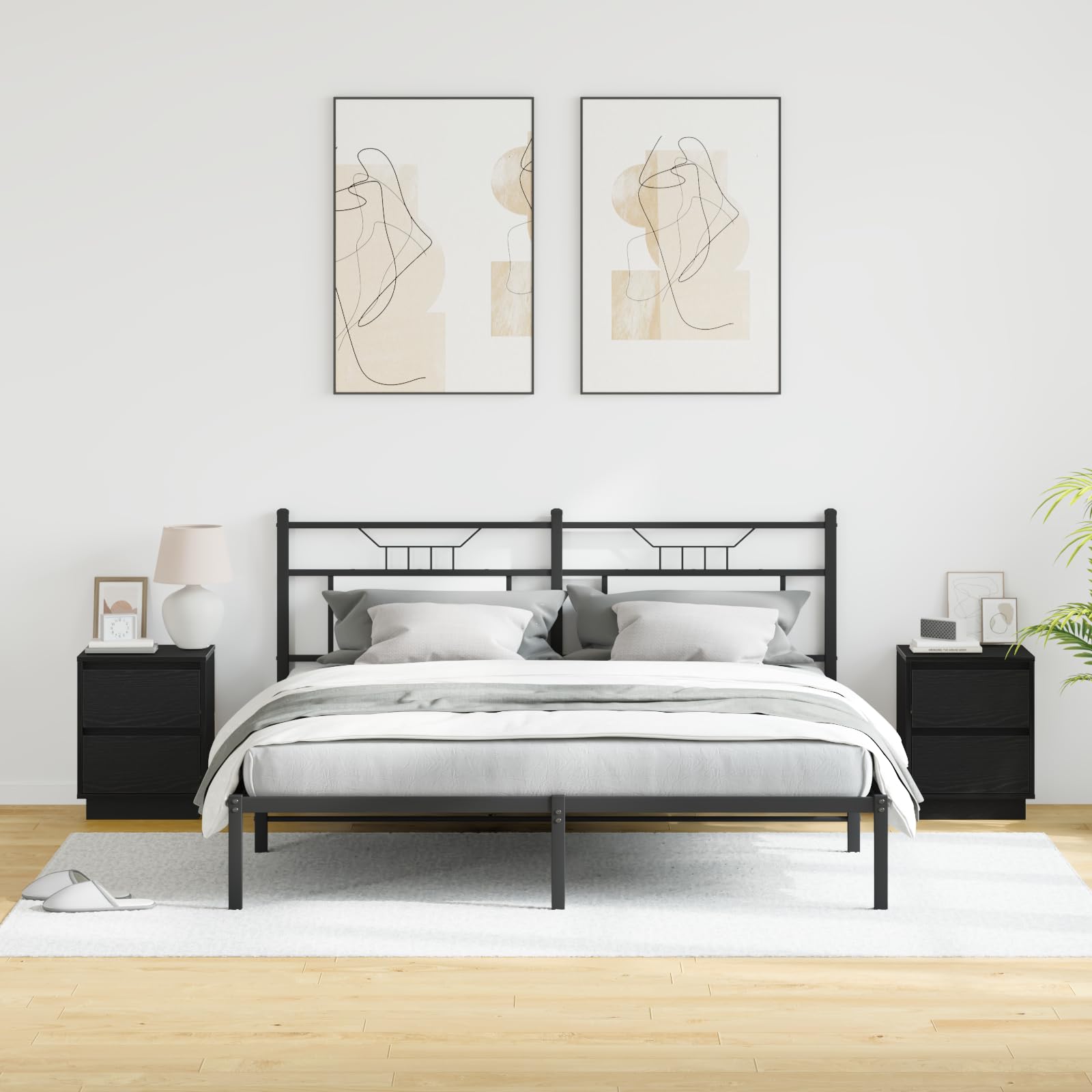 Schwarze Eichen-Nachttische mit LED-Beleuchtung und sanft schließenden Schubladen – Moderner Beistelltisch mit Stauraum für Schlafzimmer, 2 Schubladen pro Schrank,