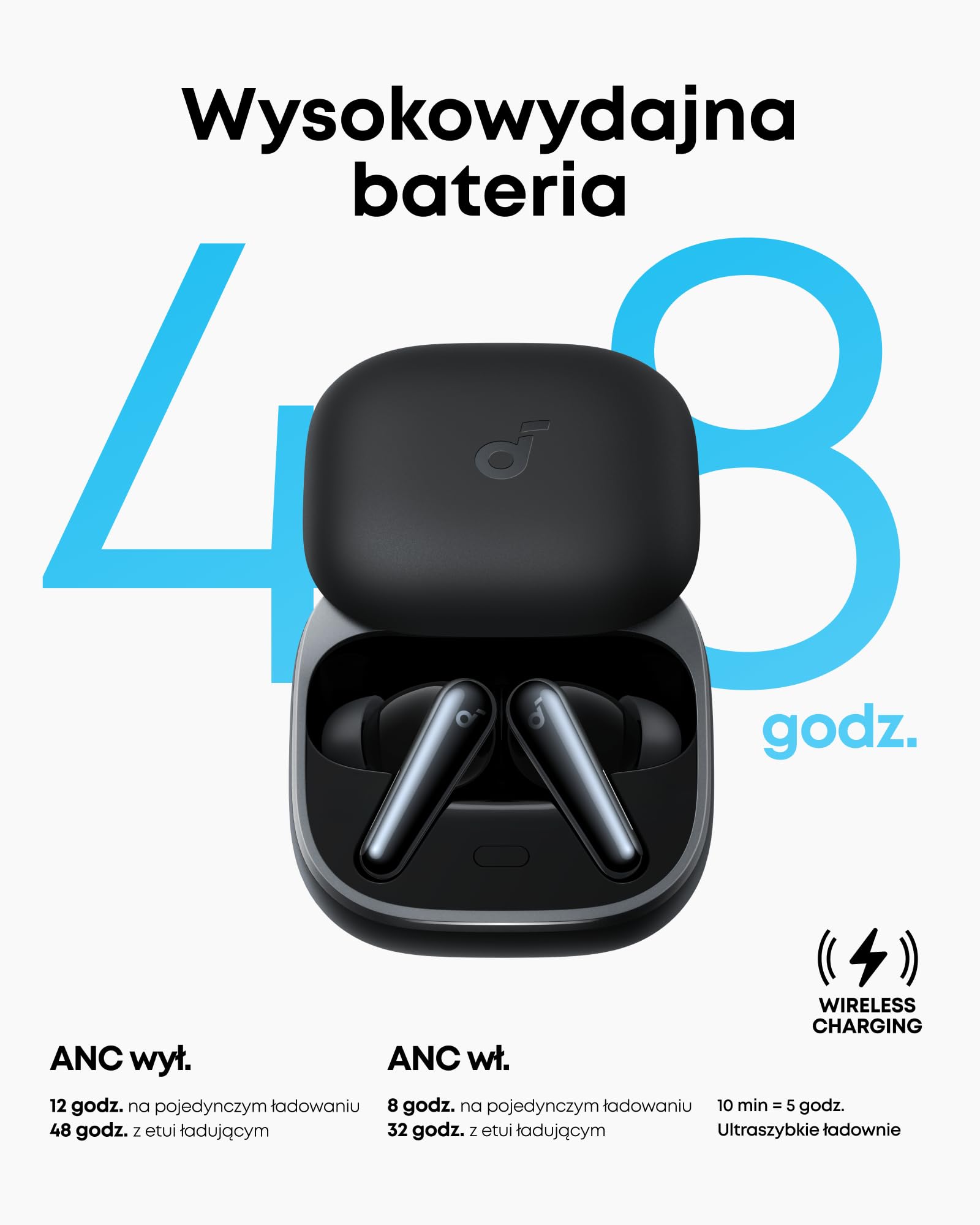 soundcore Liberty 5 Firmy Anker, Bezprzewodowe Słuchawki z Tłumieniem Hałasu, 2x Silniejsza Redukcja Głosu, Adaptacyjne Tłumienie Hałasu, Szybkie Ładowanie, Dolby Audio (Czarny)