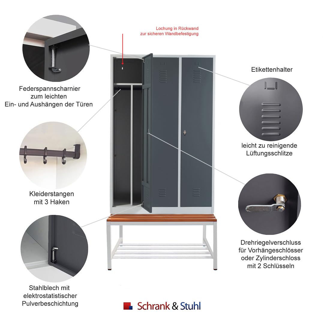 Schrank & Stuhl – Metallspind mit 3 Abteilen, Trennwand und Sitzbank mit Schuhrost - 40cm Abteilbreite, 220x120x80cm, Schließfachschrank mit Hutboden & Drehriegelverschlüssen, Grau/Anthrazit