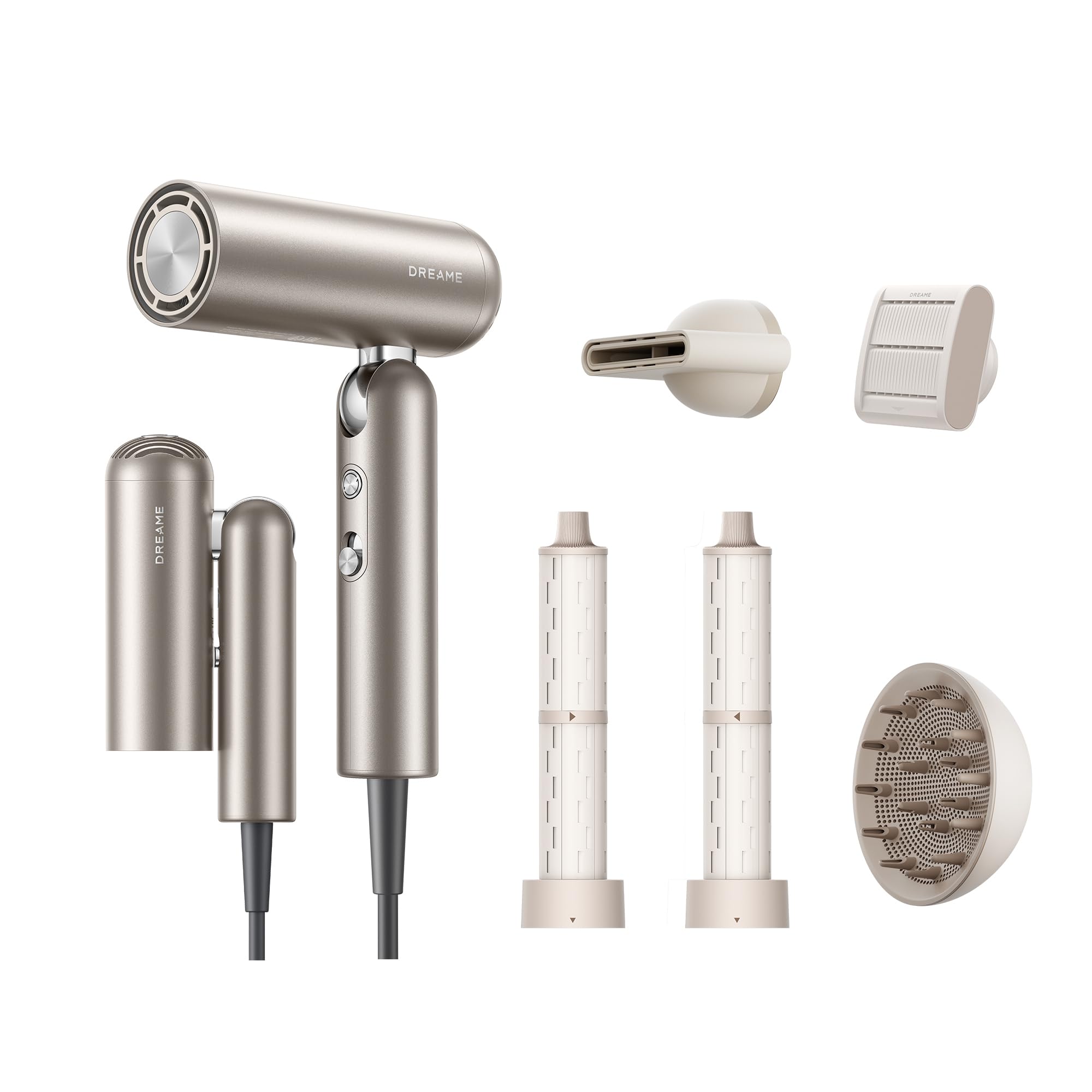 DREAME Pocket Pro Secador de Pelo de Alta Velocidad, 4 Boquillas, Plegable | Difusor, Antifrizz, Moldeador y Rizador, Motor de 110.000 RPM, 300 Millones de Iones Negativos/cm3, 570C, Secado 40s
