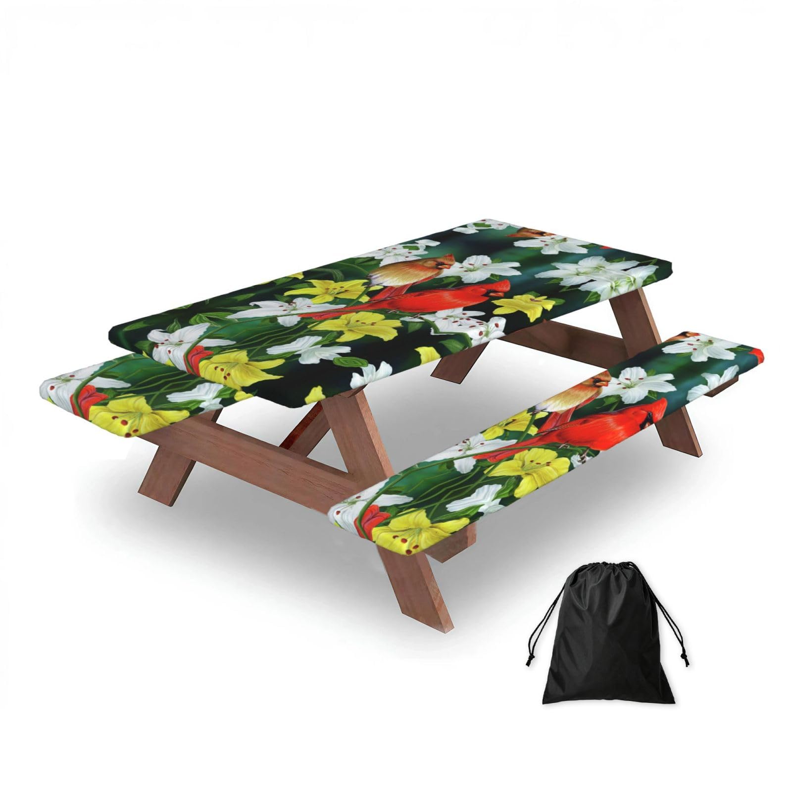 ESNAIUVCD Birds With Flowers Print Picnic Table Cover With Bench Covers,Camping Essentials,Fitted Tablecloth Cover With Elastic Edge, For Indoor & Outdoor 3 Pcs