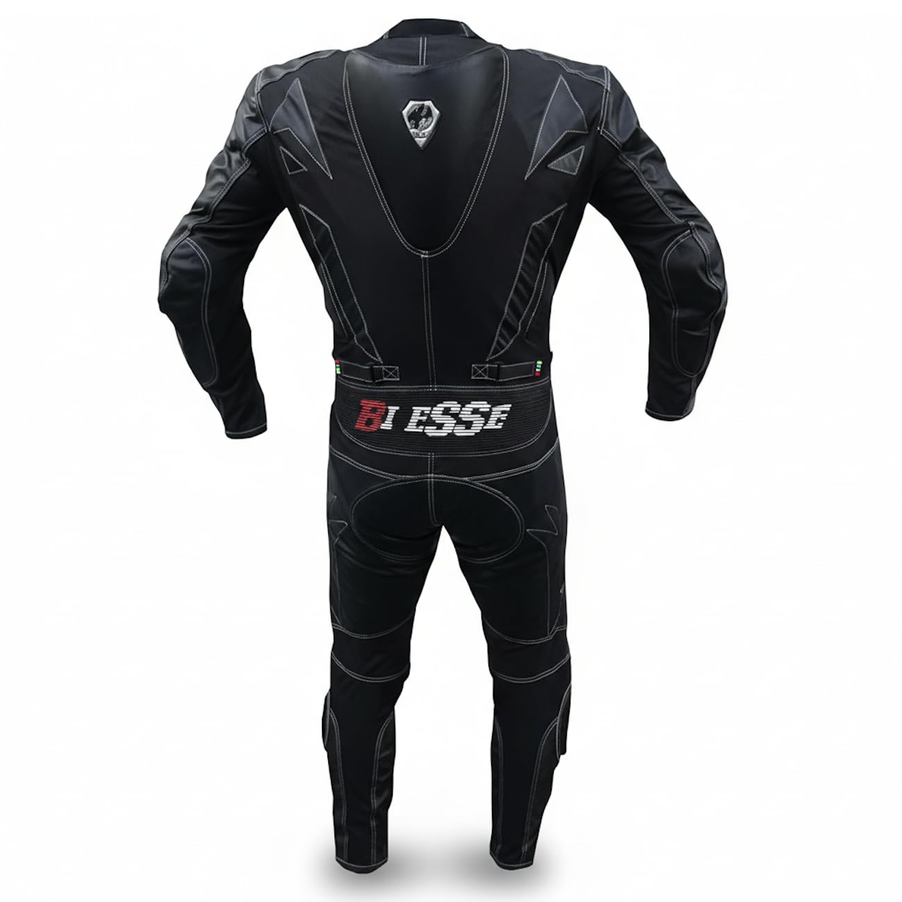 BI ESSE - Einteiliger Motorradanzug aus Leder und Stoff, ideal für Straße, lange Reisen, Touren, Pitbike, komplett mit Buckel und zertifiziertem starren Schutz (Schwarz, XXL)