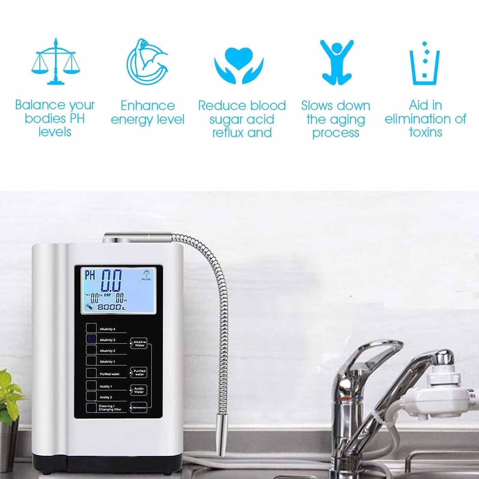 Macchina Ionizzatore Acqua Alcalina, Sistema di Filtraggio dell'Acqua Domestica PH 3,5-10,5, Filtro per Acqua Potabile Acida Alcalina Domestica LCD da 3,8 Pollici,Silver