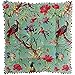 Riva Paoletti Paradise Filled Floor Cushion Mineral Blue Colourful Bird Print Velvet Fabric Pompom Edges 100% Cotton 70 x 70cm (28" x 28" inches)