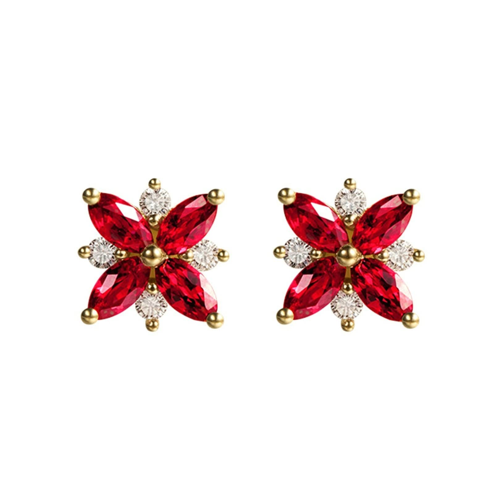 AMDXD Damen Ohrringe, 18 Karat Gold Damenohrstecker Blumen Ohrschmuck mit Rubin, Freundschaft Geschenk, Echte Goldserie