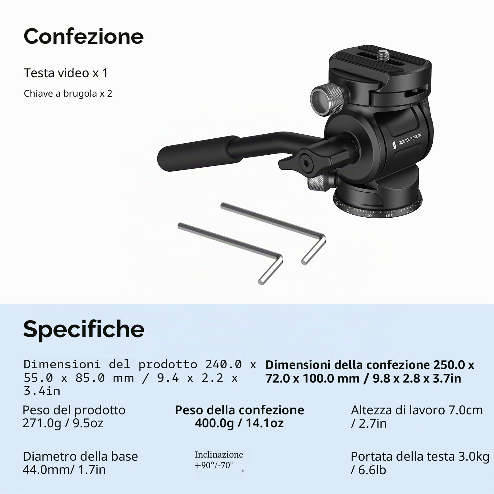 SMALLRIG CH3 Video Head, Treppiede Fluido Pan Tilt Head con Piastra a Sgancio Rapido per Arca Swiss, Supporto Rotazione a 360° e Inclinazione a 90°/-70°, Carico Massimo 3 kg/6,6 Libbre, per DSLR-4936