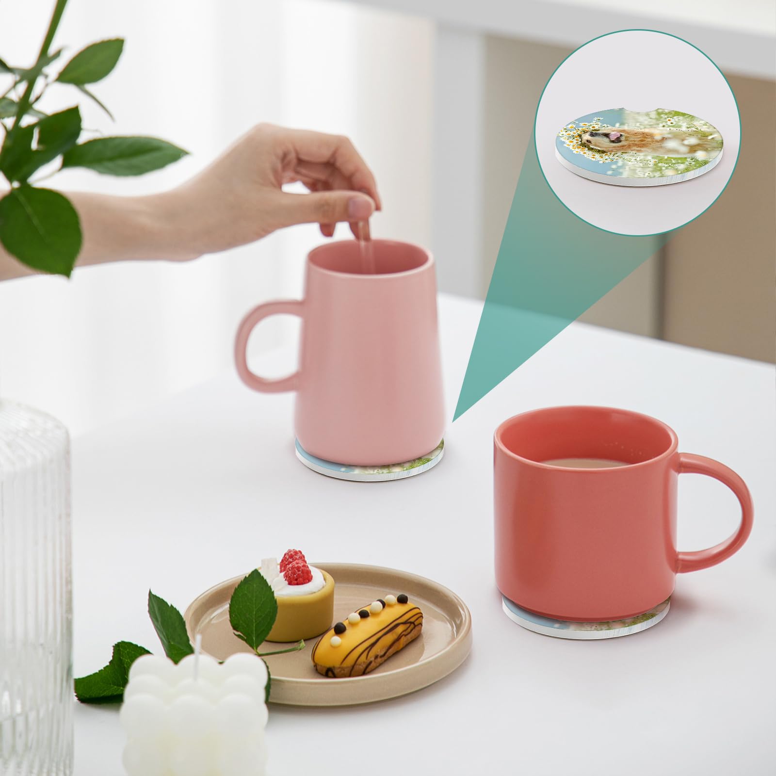 2 Pack Car Cup Holder Coasters - Dog Flower Absorbent Ceramic Coaster Car Coasters for Cup Holders Car — view 7