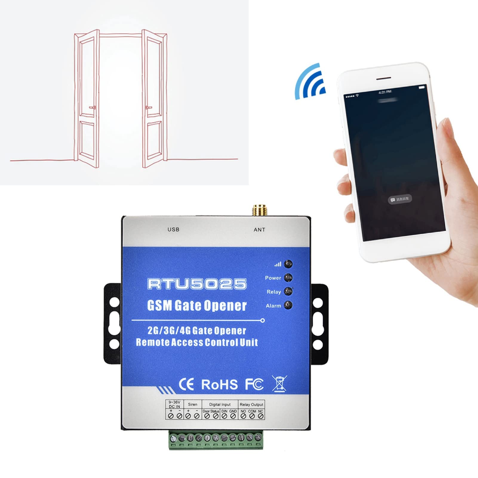 Apricancello GSM 100~240V, Telecomando Wireless RTU5025, DC 12V/1A, Controller di Accesso per Porta Garage 9 24V DC, Interruttore On/Off Remoto Chiamata Gratuita SMS per Porte(Unione Europea)