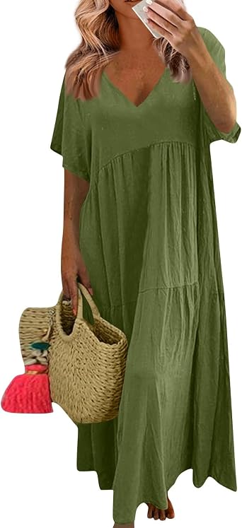 Womens Summer Oversized Flowy Baggy Cotton Linen Maxi Dress Beach V Neck Casual Loose Floor Length Long Dress