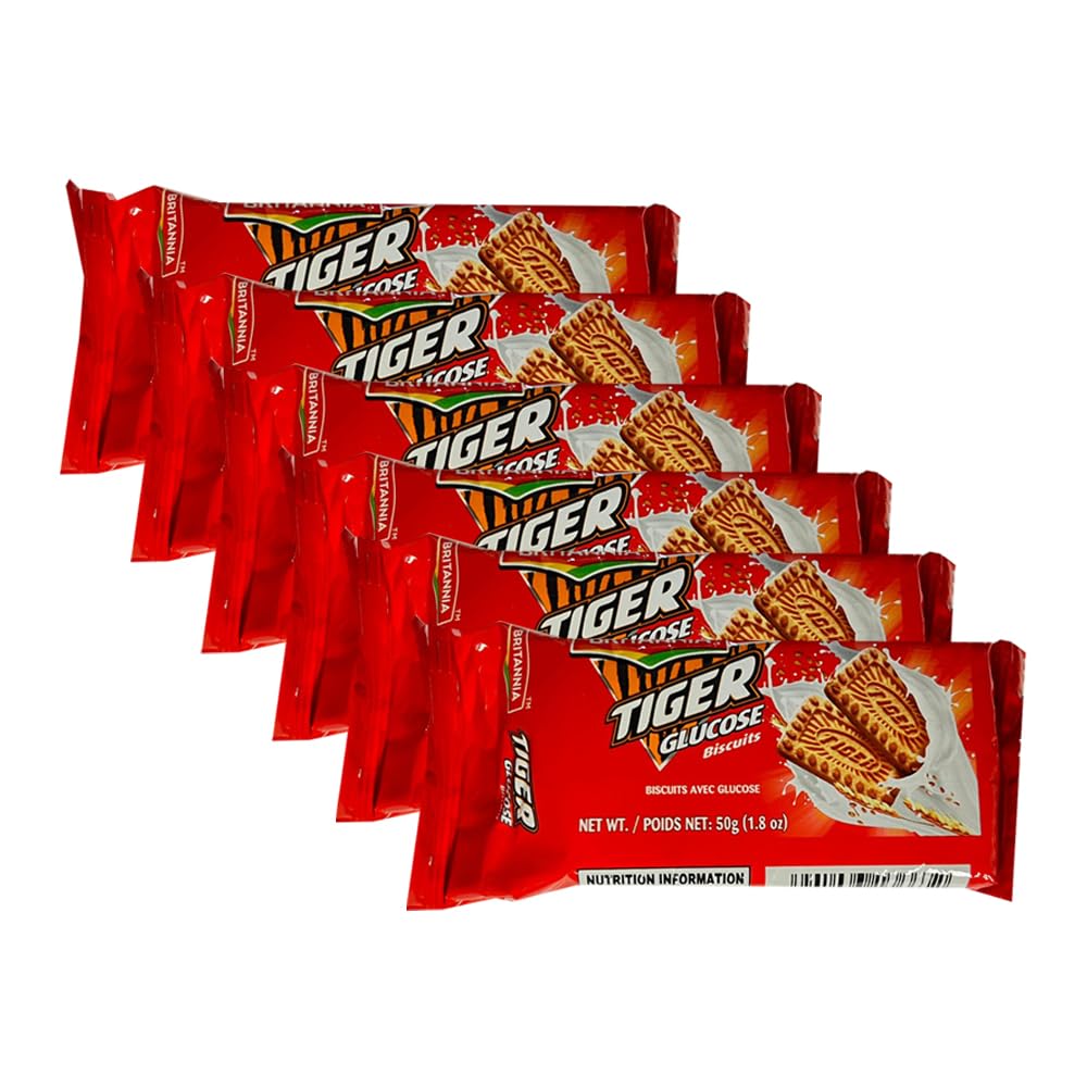 Britannia Tiger Glucose Biscuits 1.76oz (50g) - Healthy & Delicious - Kids Breakfast & Tea Time Snacks (Pack of 6)