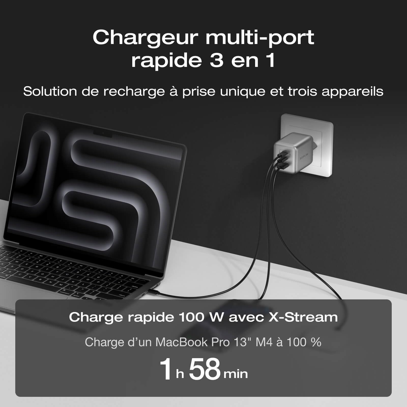 Chargeur EF EcoFlow Rapid Pro 100 W, 3 Ports, GaN, USB-C 100 W (Max), Chargeur Multi-appareils 3 en 1, GaN, Compatible iPhone 16/15, Samsung, MacBook, etc.