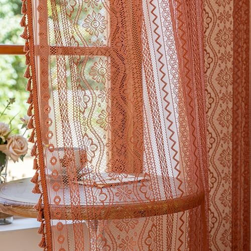 Image of MYSKY HOME Terracotta Boho Lace Sheer Curtains 96 inch Length 2 Panels Burnt Orange Floral Vintage Bohemian Crochet Geometry Curtains with Tassels for Living /Dining Room Rod Pocket Home Decor, 55 inch W