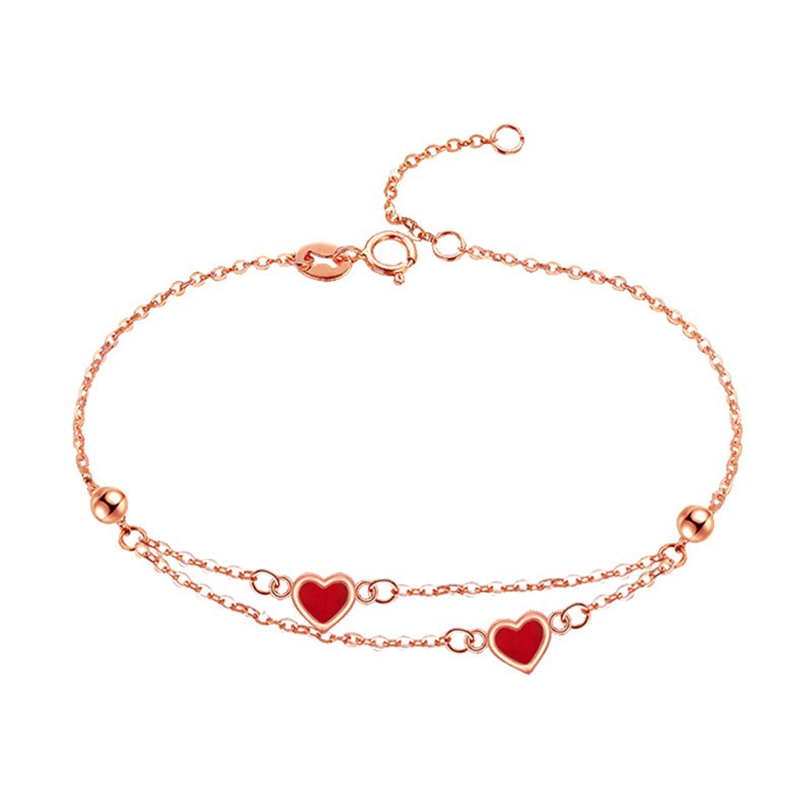 Armbänder für Damen, Roségold 18 Karat, Doppelkette mit Herzen und Perlen, Armbänder für Damen, 16+2 cm