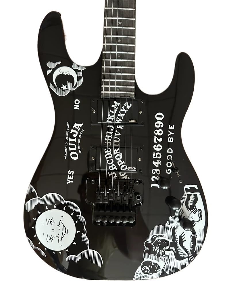 Chitarra elettrica a corpo solido, grafica Black Occult Spirit Board con doppio humbucker e tremolo di bloccaggio, 6 corde a grandezza naturale for heavy metal (Guitarra Eléctrica)