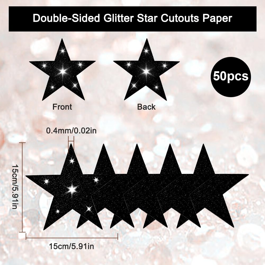 50 Stelle Di Cartone Glitterate Nere - 6 Pollici, Doppia Faccia - Per Decorazioni Feste, Compleanni, Pareti - Foto 6