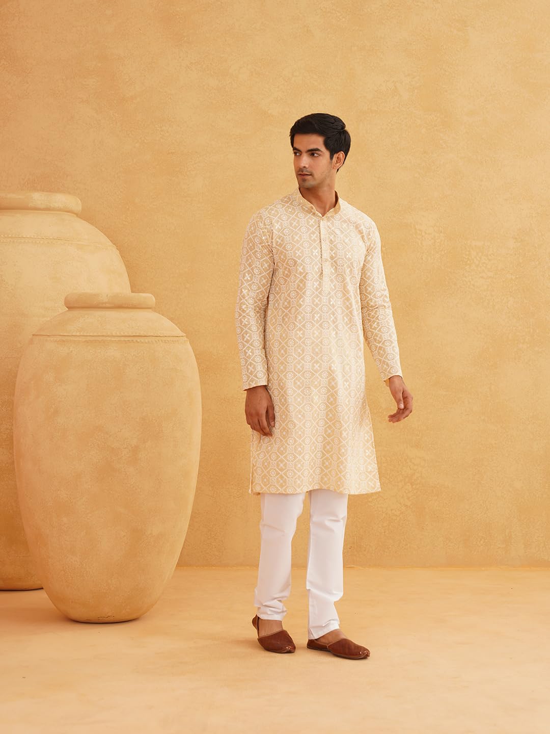 Sojanya (Since 1958 Men's Cotton Gold Sequence Embroidered Beige Kurta With White Churidaar Pyjama