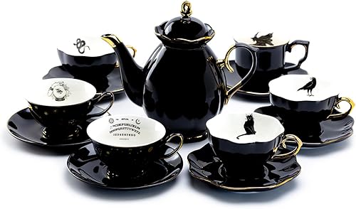 Tetera festoneada de oro negro + 6 juegos surtidos de tazas de té y platillos de Halloween pintados a mano con ribete dorado