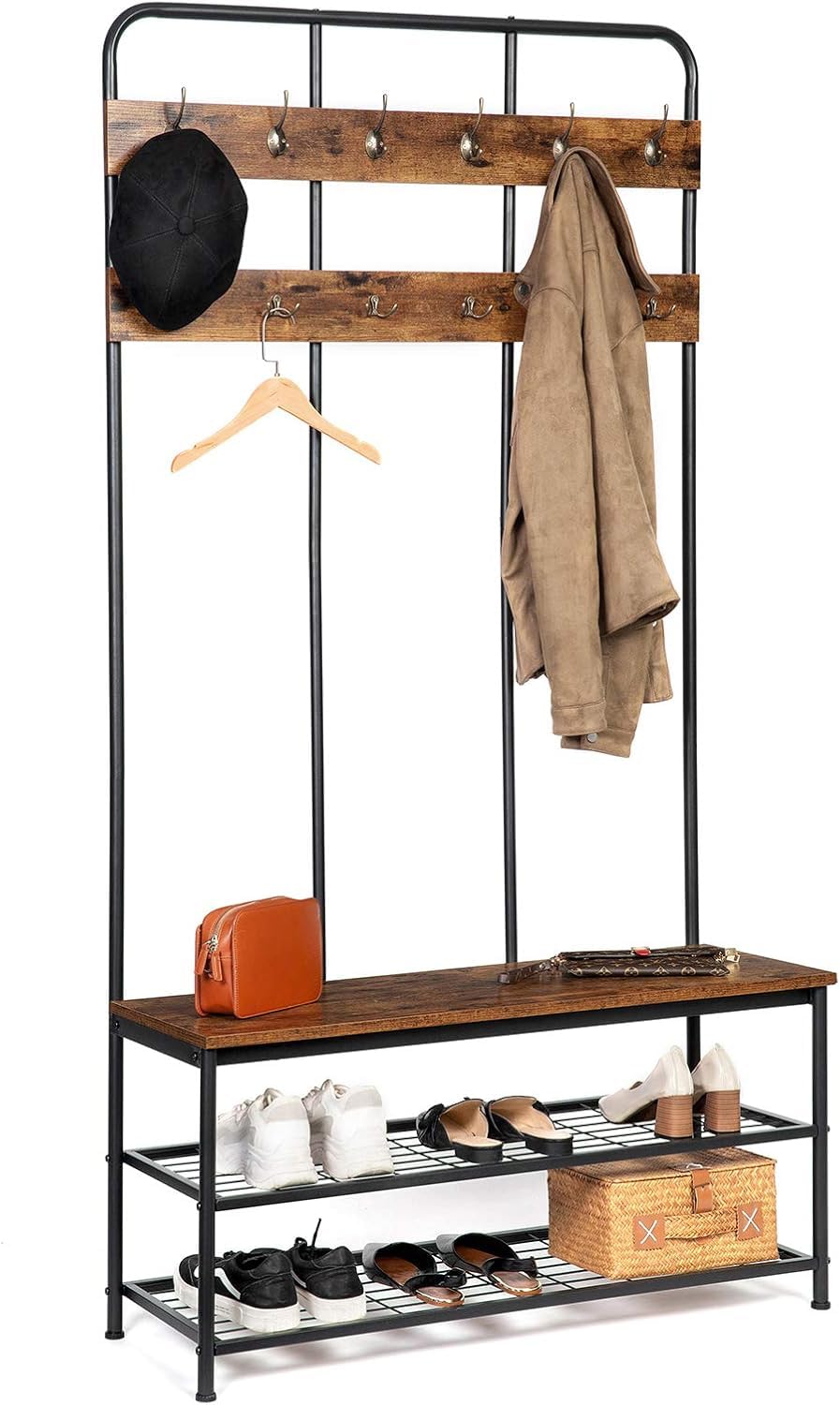 HOOBRO Perchero con Zapatero, Entrada Recibidor Perchero con 12 Ganchos, Pasillo o Entrada, 100×35.5×182cm, Industrial, Marrón Rústico y Negro EBF05MT01
