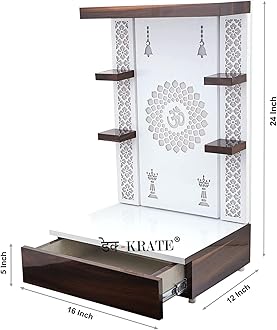 Wooden Temple Wall Hanging & Table Top Mandir White Led Light Puja Mandir for Home & Office Decor (Design 1) (24 X 16 X 12 INCH)