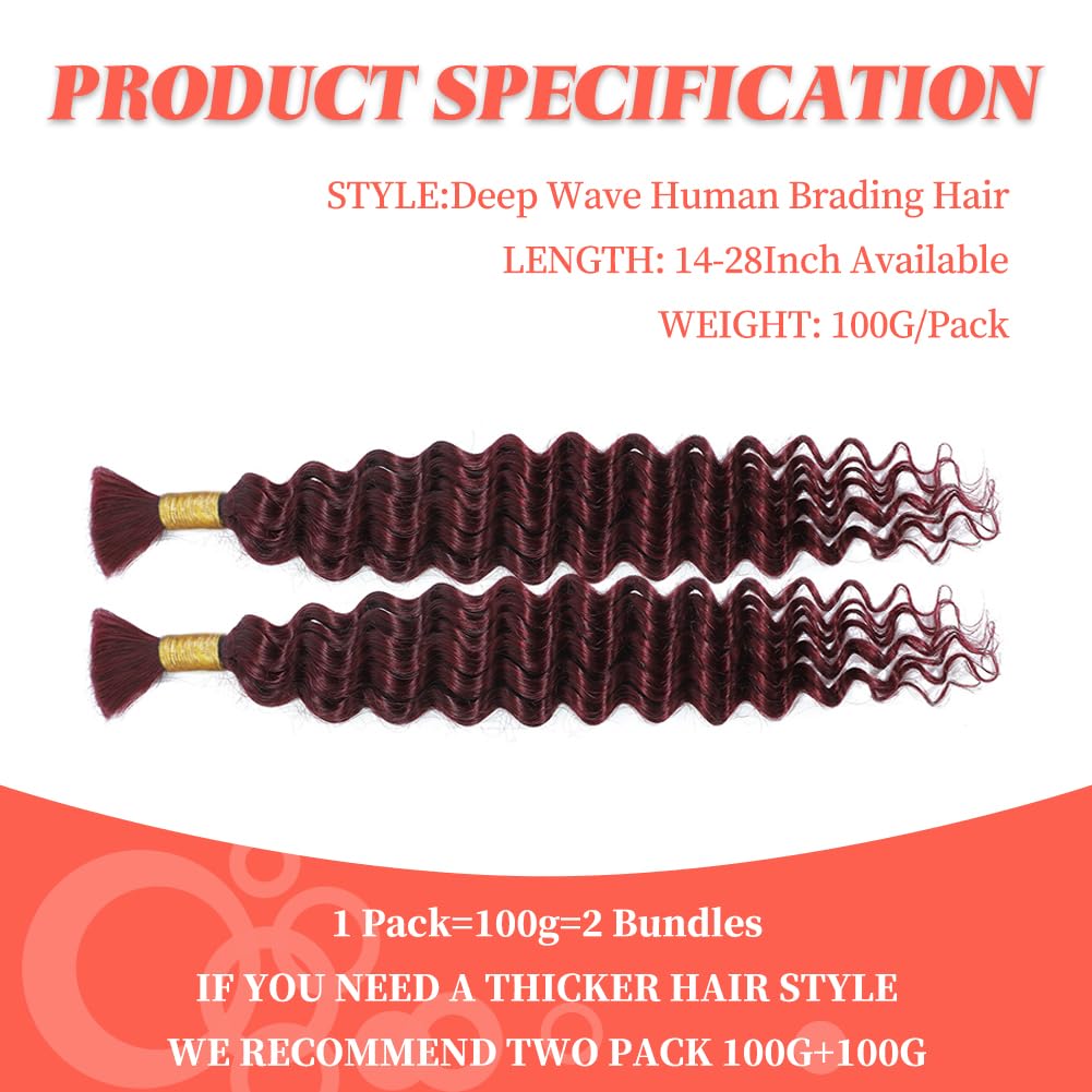 100g 18 Inch Human Braiding Hair Deep Wave Bulk Human Hair for Braiding 2 Bundles/Pack No Weft Human for Boho Braids Brazilian Virgin Human Hair Extensions 99J Burgundy
