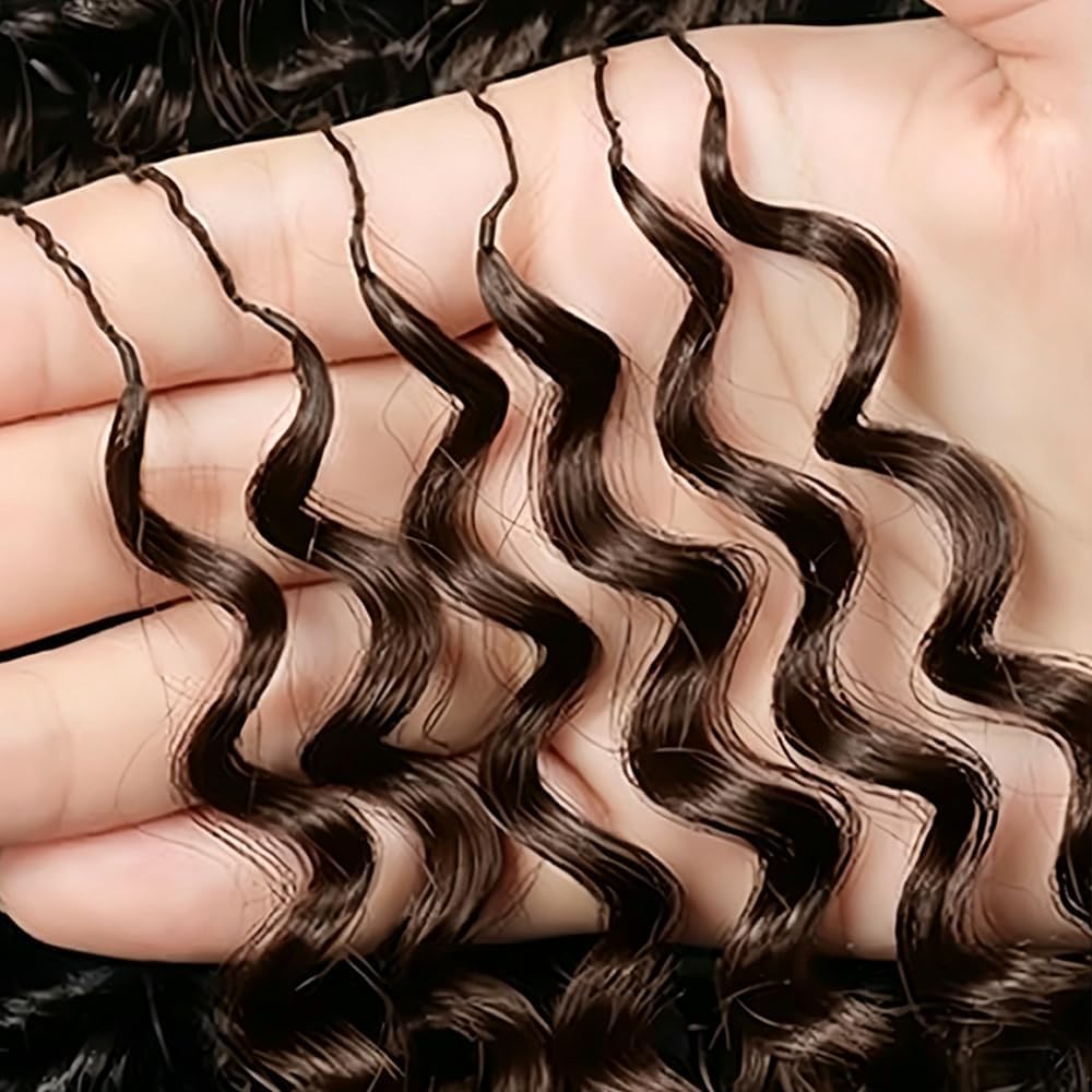 Extension di capelli umani all'uncinetto, con piume, 71 cm, 60 g, 40 ciocche, colore castano cioccolato, morbidi, leggeri, ondulati profondi, capelli umani all'uncinetto