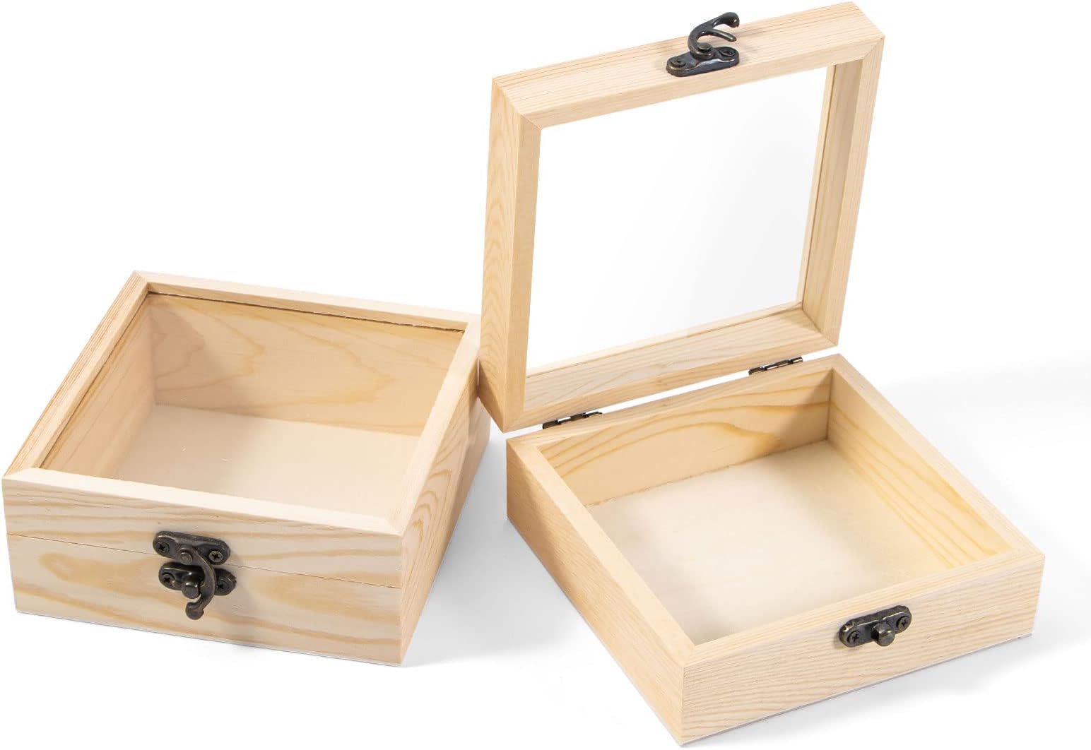 – Small Wooden Box with Lid 2 Piece, 4.5“ X 4.5” X 1.8” Unfinished Wooden Gift Box with Glass Lid for Gifts and Home Décor